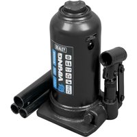 Black Sealey telescopic bottle jack with blue Viking logo, 5-tonne capacity, and detachable handle.
