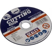 Sealey cutting disc Ø100 x 1.2mm, Ø16mm bore, black with white and orange text, metal cutting label.