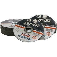 Sealey cutting discs pack of 50, black with white label, Ø115mm x 1.2mm, Ø22mm bore, metal cutting design.