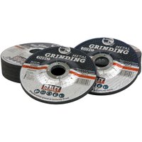 Pack of 12 Sealey grinding discs, black with red and white labels, 115mm diameter, 6mm thick, 22mm bore.