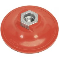 Red Sealey hook-and-loop backing pad, 75mm diameter, with central metal threaded insert, M14 x 2mm.