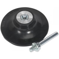 Black Sealey quick-change backing pad Ø75mm with metal center and threaded bolt attachment.