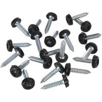 Black Sealey numberplate screws with plastic enclosed heads, 4.8 x 24mm, scattered, pack of 50.