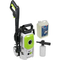 Sealey PW1610 Pressure Washer Snow Foam Kit, white and green, with black hose, wheels, and detergent bottle.
