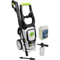 Sealey PW1860 Pressure Washer, white and black with green accents, includes snow foam kit and detergent bottle.