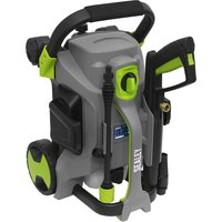Gray Sealey pull-along pressure washer with black handle, green accents, and large wheels.