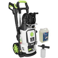 Sealey PW2400 pressure washer with green accents, hose reel, detergent bottle, and snow foam attachment.