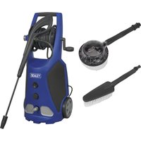 Blue Sealey PW3500 pressure washer with hose reel, wheels, and two black cleaning attachments.