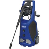 Blue Sealey pressure washer with black hose reel, wheels, and ergonomic handle, 140 Bar model.