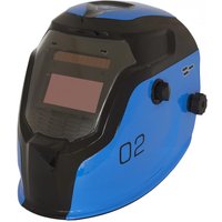 Blue Sealey auto-darkening welding helmet with adjustable shade 9-13, black trim, and side control knobs.