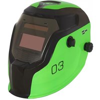Green Sealey auto darkening welding helmet with adjustable shade 9-13, black accents, and side control knobs.