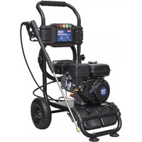 Sealey PWM2500 black pressure washer with wheels, handle, and petrol engine, featuring a long spray wand and hose.