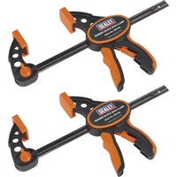 Black and orange Sealey quick bar clamps with ergonomic handles and adjustable jaws, pack of 2.