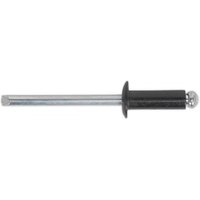 Black aluminum rivet with standard flange, 4.8 x 14mm size, featuring a long silver stem, pack of 200 by Sealey.