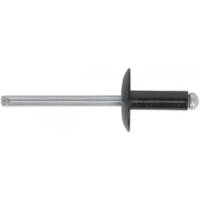 Black aluminum rivet with large flange, 4.8 x 18mm, featuring a silver shaft, pack of 200 by Sealey.