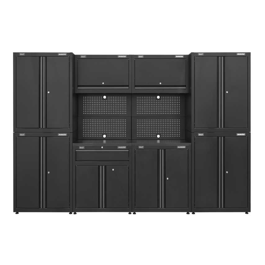 Black metal garage storage system featuring ten pieces, including cabinets, a workbench, and pegboards for tools, designed for organized storage and durability.
