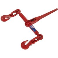 Red Sealey ratchet load binder with dual hooks and lever, designed for securing loads on HGVs and LGVs.