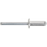 Silver aluminium blind rivet with standard flange, cylindrical body, and long pin, 6.4 x 18mm, pack of 200.
