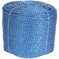 Blue polypropylene rope coil, 10mm diameter, 220m length, tightly wound with white securing ties.