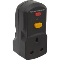 Black Sealey RCD plugin safety adaptor with red and yellow test buttons and UK three-pin socket.