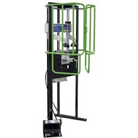 Sealey RE3000 Air Coil Spring Compressor with green safety cage, black frame, and foot pedal control.