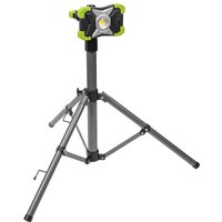 Sealey rechargeable COB LED worklight on a gray tripod with green accents and built-in power bank.