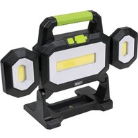 Black and green Sealey rechargeable floodlight with flexible dual side panels and central LED light on adjustable stand.
