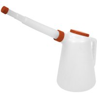 White Sealey oil container jug with red lid and flexible spout, featuring a side handle for easy pouring.