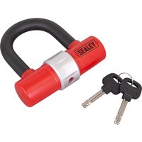 Red and black Sealey reinforced D padlock for motorcycles with two silver keys.