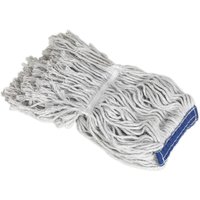 White Sealey replacement mop head with thick cotton strands and a blue band.