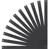 Black metal replacement slats for plasma cutting table, fan-shaped arrangement, with pre-drilled holes at each end.