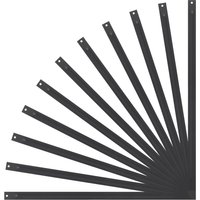 Black metal replacement slats for Sealey PCT2 workbench, arranged in a fan shape with pre-drilled holes.