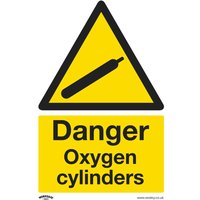 Sealey rigid plastic sign with yellow triangle, black cylinder icon, and text "Danger Oxygen Cylinders" in bold.