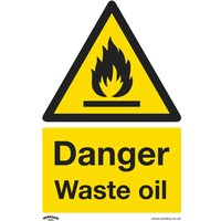 Yellow Sealey rigid plastic sign pack with black "Danger Waste Oil" text and flame symbol, pack of 10.