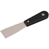 Black-handled Sealey rigid wall paper scraper with a flat, wide metal blade and brass rivet.