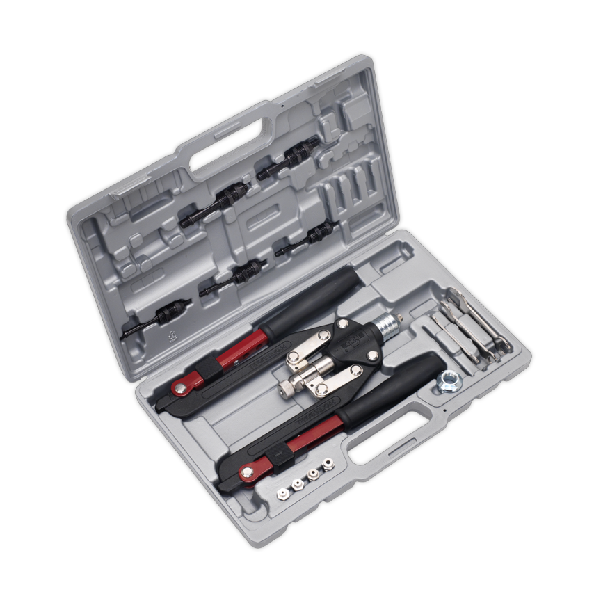 Sealey AK39602 Rivet & Threaded Nut Rivet Kit in a grey plastic case, featuring black and red riveter tools, assorted rivets, and various attachments neatly organized.