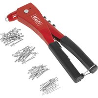 Red and black Sealey riveting kit with ergonomic handles and assorted silver rivets.