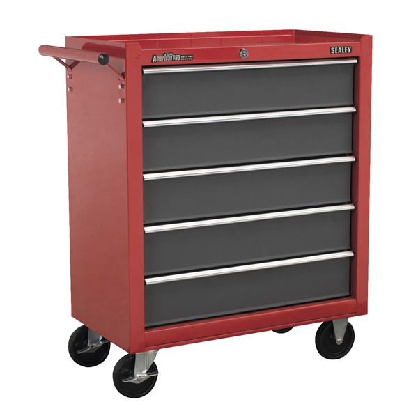 Red and grey Sealey AP22505BB rollcab with five drawers featuring ball bearing runners, sturdy metal construction, and mounted on wheels for mobility.