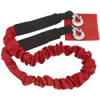 Red Sealey rolling tow rope with black sleeves and metal hooks, coiled design for load capacity.
