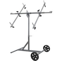 Sealey Rotating Panel Repair Stand, silver metal frame with adjustable arms and black wheels.