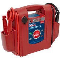 Red Sealey RS102 RoadStart jump starter with built-in handle, LED indicators, and attached jumper cables.