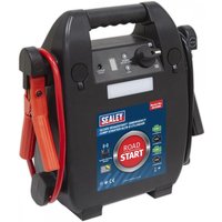 Black Sealey Roadstart jump starter with red and black clamps, control panel, and carrying handle.