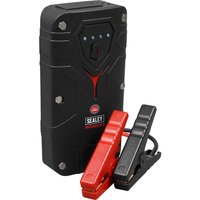 Black Sealey RS1200 jump starter with rugged design, red and black clamps, and LED indicator lights.