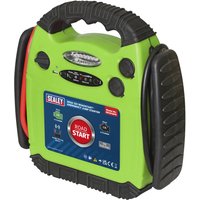 Green Sealey RoadStart power pack with black handle, LED indicators, and red and black cables on the sides.