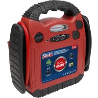 Red Sealey RS132 jump starter with black handle, control panel, and attached compressor pump.
