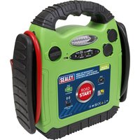 Green Sealey RoadStart power pack with black handle, red and black cables, LED indicators, and control buttons.