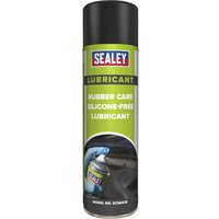 Sealey Rubber Care Silicone Free Lubricant spray can, green label, black cap, with image of application on rubber.