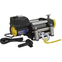 Sealey RW5675 12v recovery winch, black and yellow with steel cable, hook, and remote control.