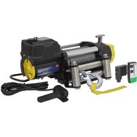 "Black and silver Sealey 12v recovery winch with yellow accents, wireless remote, and hook attachment."
