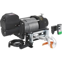 Black Sealey 12v recovery winch with steel cable, wireless remote, and hook, featuring a compact design.